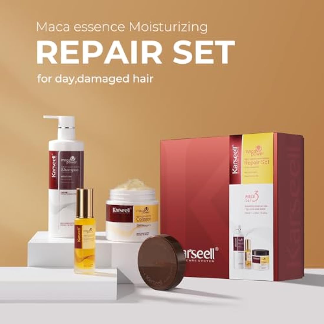 Karseell Maca Essence Hair Repair Set - Collagen Mask, Shampoo & Argan Oil