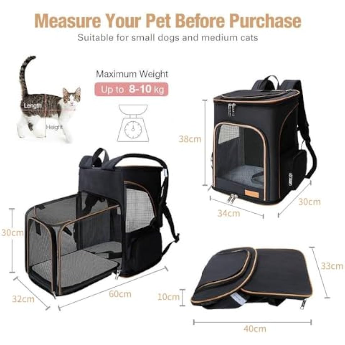 Lekesky Expandable Cat Carrier Backpack | Breathable Pet Rucksack, Black