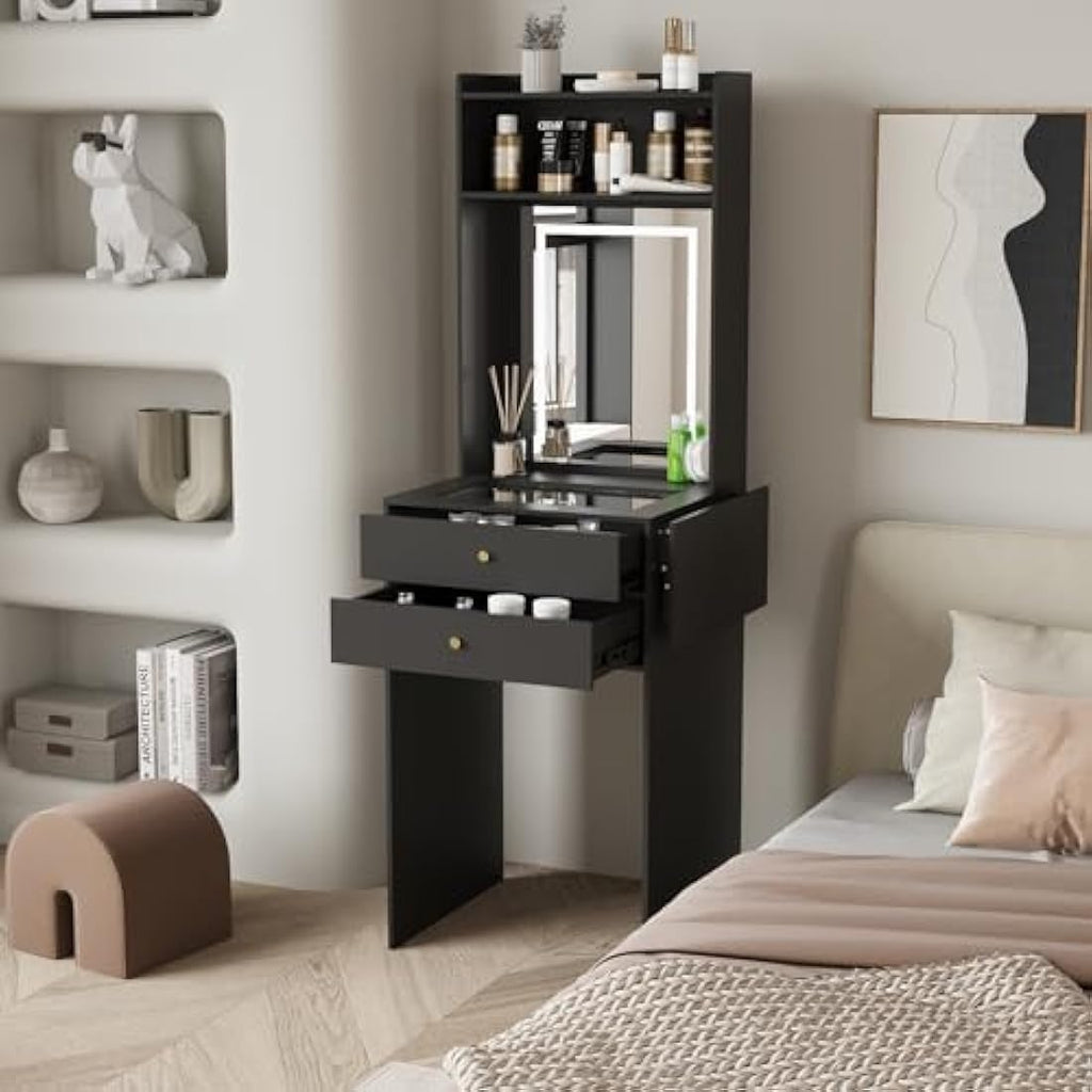 Dressing Table with LED Mirror – Black Glass Makeup Desk