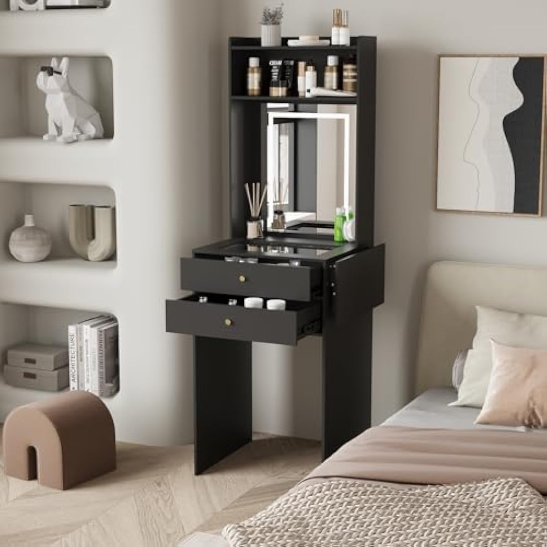 Dressing Table with LED Mirror – Black Glass Makeup Desk