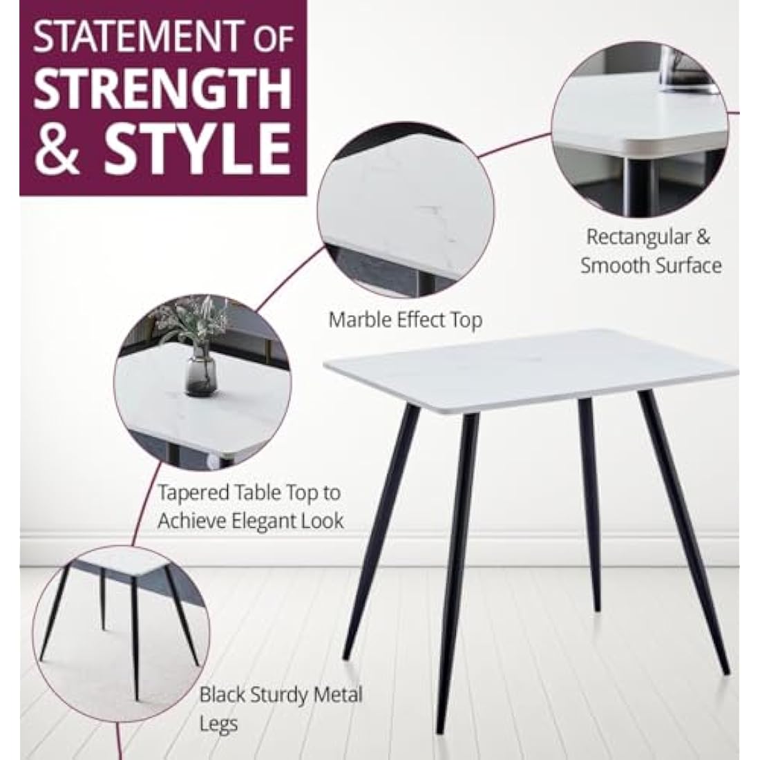 Hallowood Cullompton White Marble Dining Table and 2 Grey Fabric Chairs