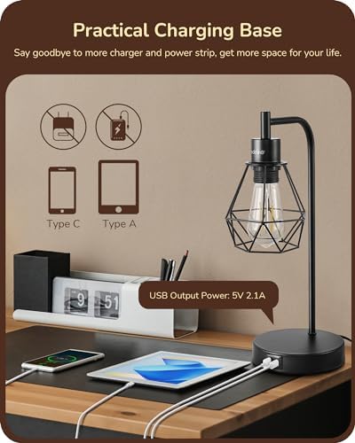 EDISHINE Industrial Touch Bedside Lamps Set of 2 with USB Ports