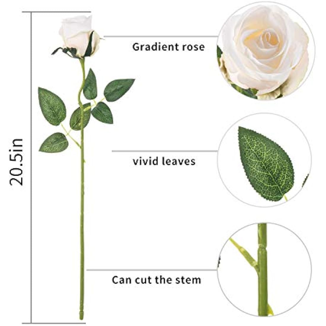 10pcs Artificial Silk Roses – 20" Long Stem White Flowers