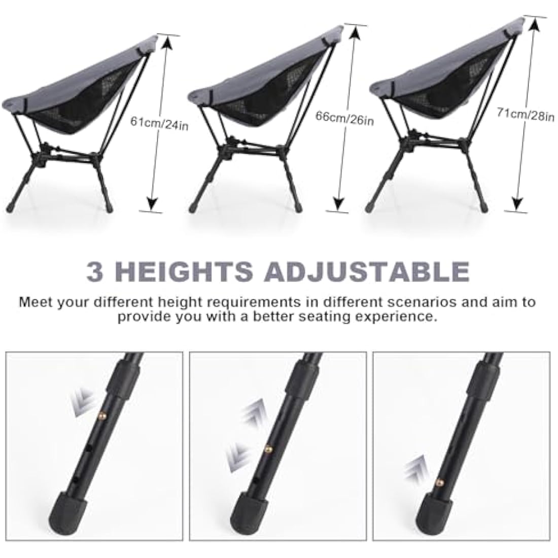 SHANNA Lightweight Folding Camping Chair | Adjustable Height Mesh Seat - Gray
