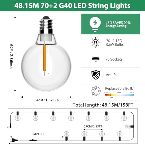 FIFlying 158FT Outdoor String Lights | 72 Shatterproof G40 LED Bulbs