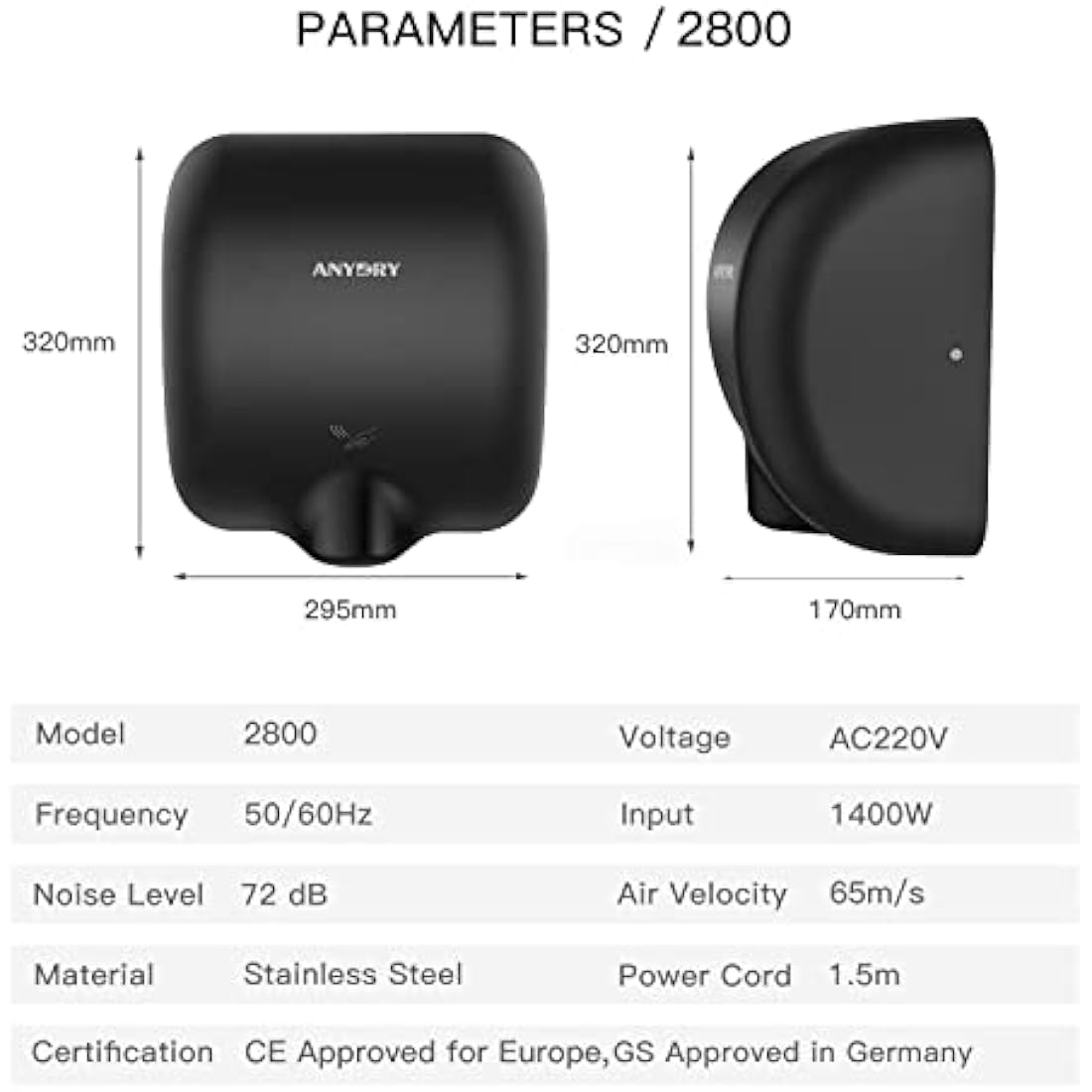 anydry 2800 Commercial Hand Dryer - Matte Black Stainless Steel