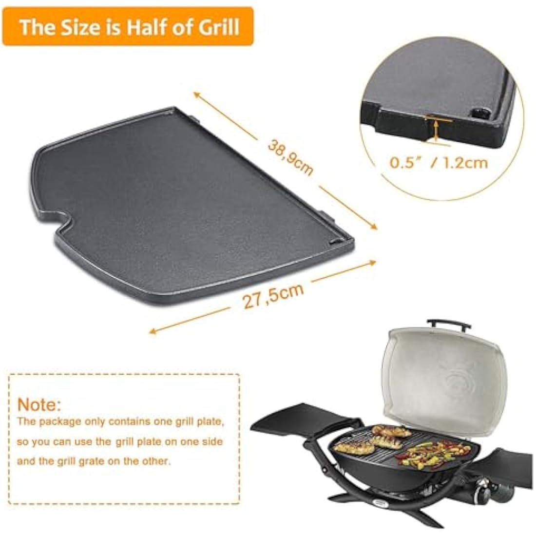 GFTIME Cast Iron Grill Griddle for Weber Q200 & Q2000 Series – 38.9 x 27.5cm