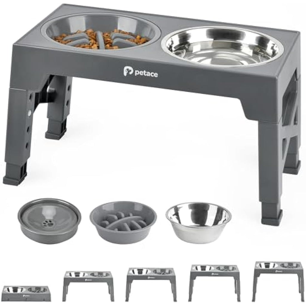 Petace Elevated Dog Bowls - 5 Heights Adjustable Stand with Slow Feeder