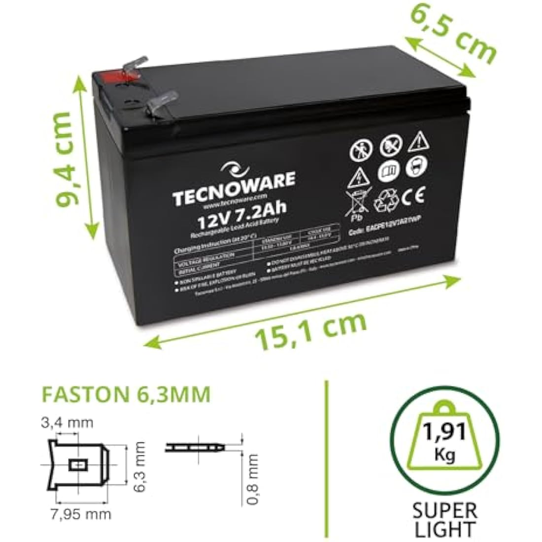 Tecnoware 12V 7.2Ah Sealed Lead-Acid Battery for UPS and Alarm Systems