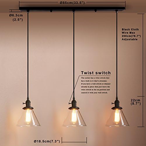 Industrial 3-Light Glass Pendant Chandelier – Black Metal
