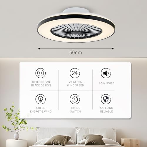 BKZO Modern LED Ceiling Fan with Light | Dimmable 24-Speed Black 50CM