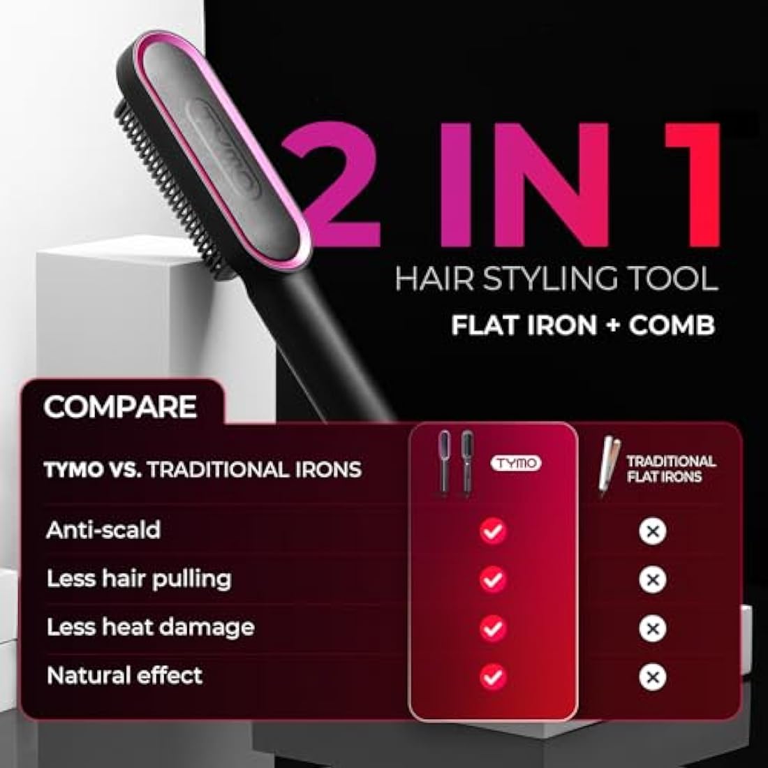 TYMO Hair Straightener Brush – Ionic 2-in-1 Flat Iron with 5 Temp Settings