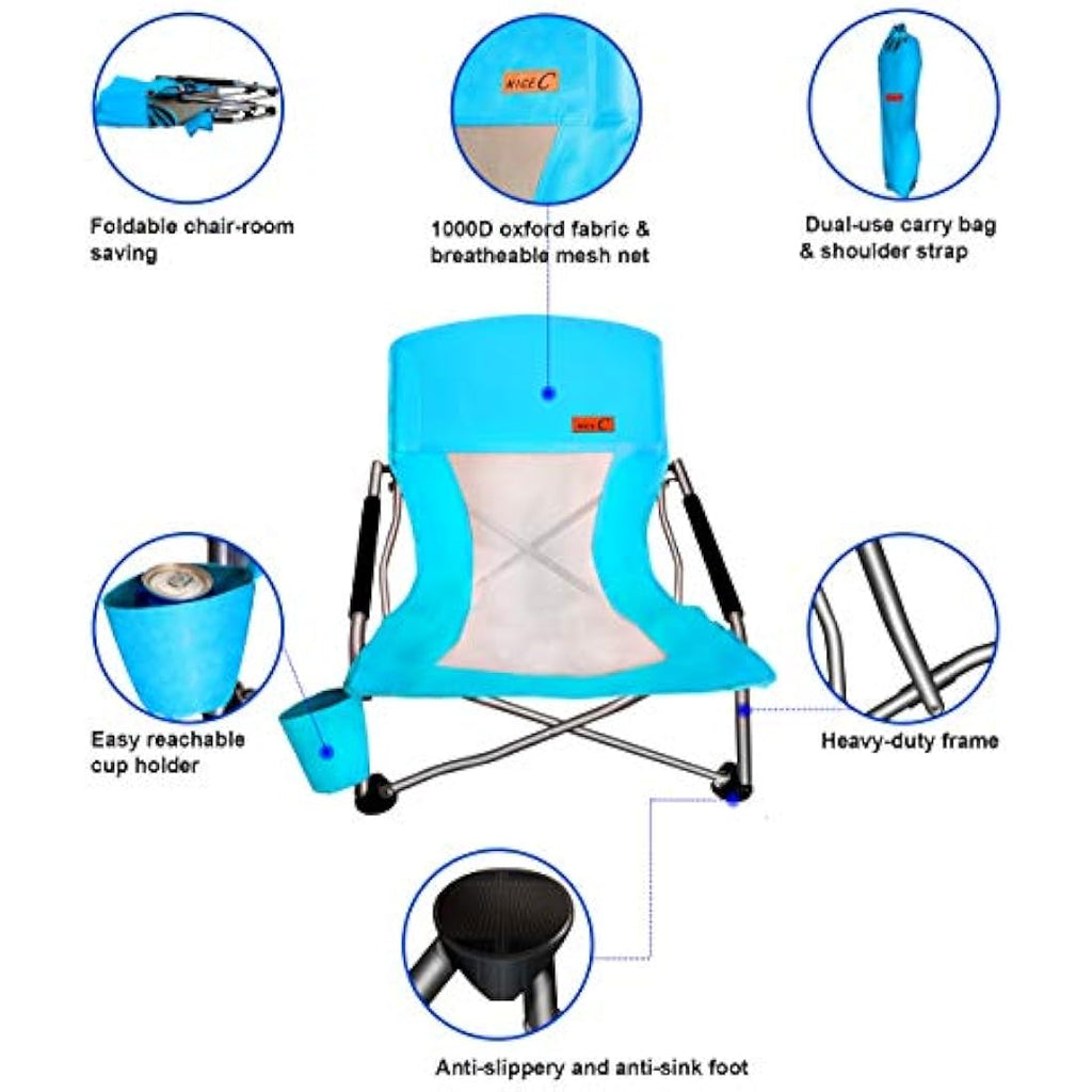 Nice C Low Beach Camping Folding Chair – Heavy Duty 300lb Capacity, Blue