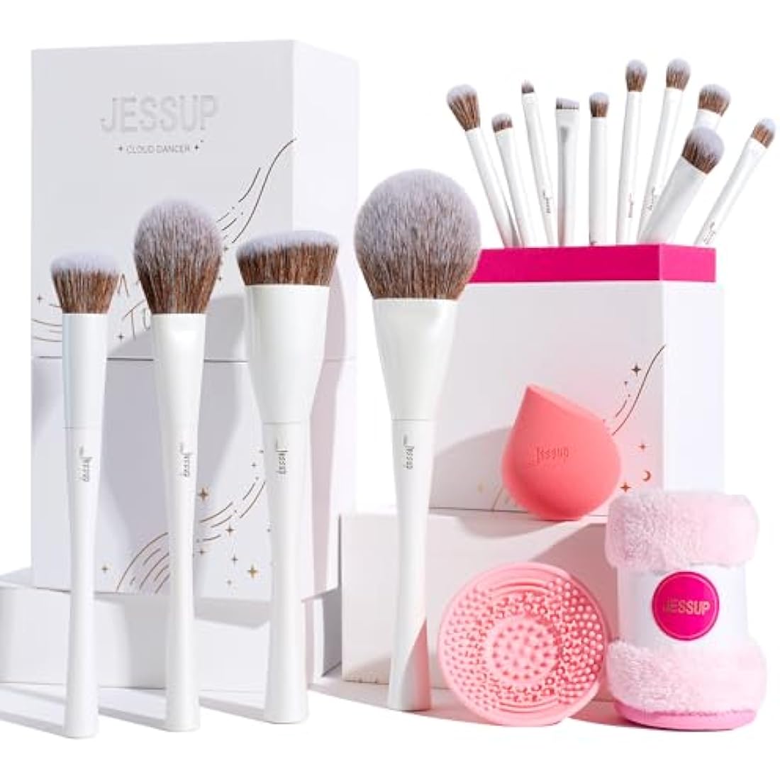 Jessup 14pcs Professional Makeup Brush Set | Pearl White Vegan Beauty Kit