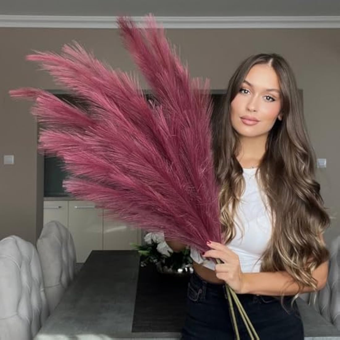 VOULUX Fuchsia Pink Artificial Pampas Grass – 115cm Tall Faux Silk Stems
