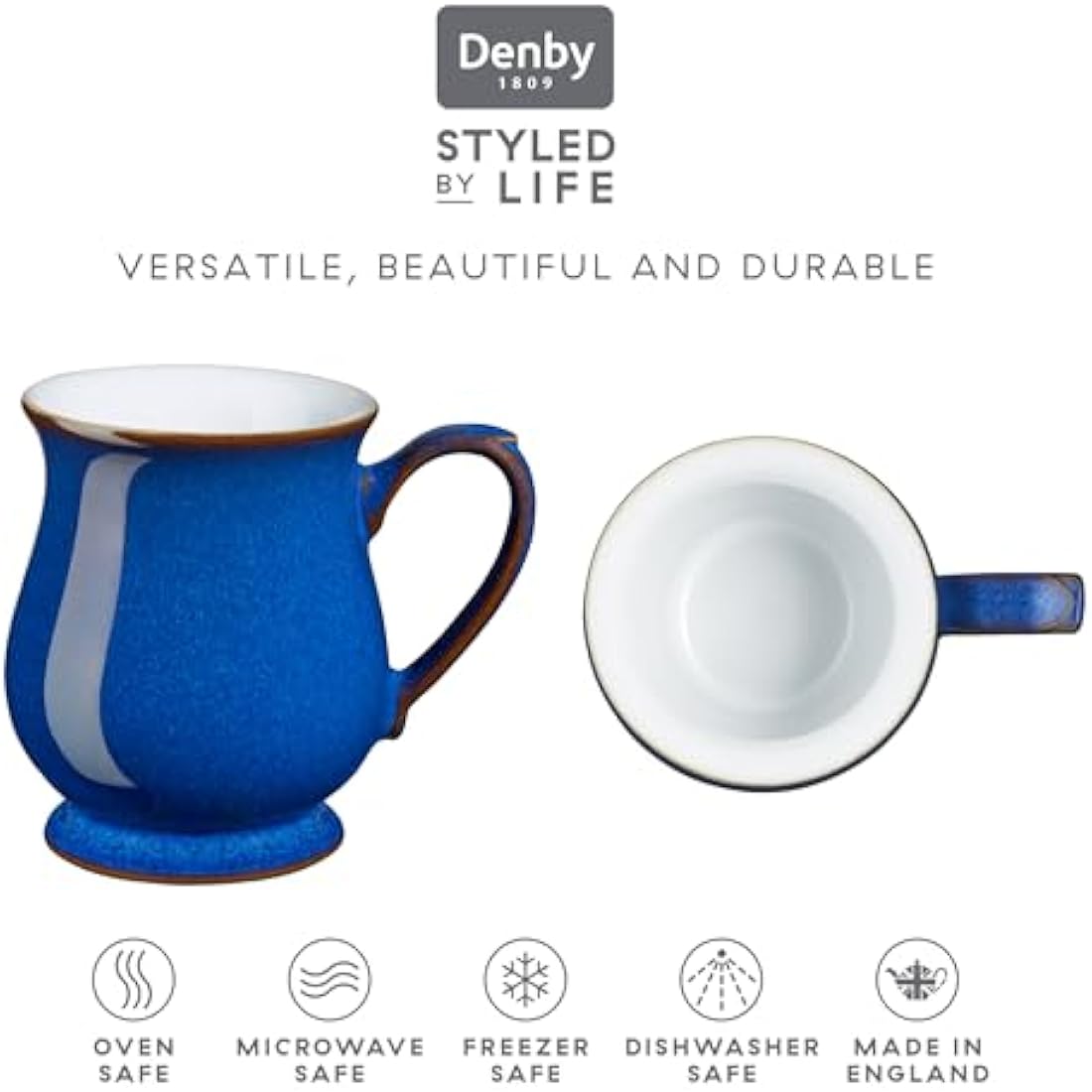 Denby Imperial Blue Stoneware Coffee Mug Set of 2 - 340ml Ceramic Mugs