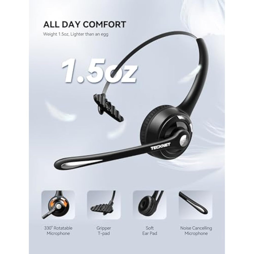 TECKNET Bluetooth Headset – Wireless Noise Cancelling Headphones with USB Dongle