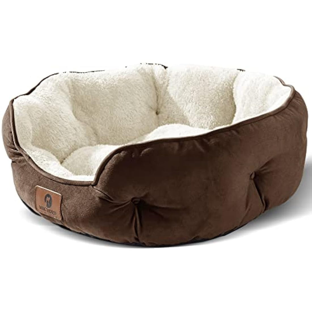 Round Sherpa Dog Bed – Washable Calming Pet Bed, Brown, 25"