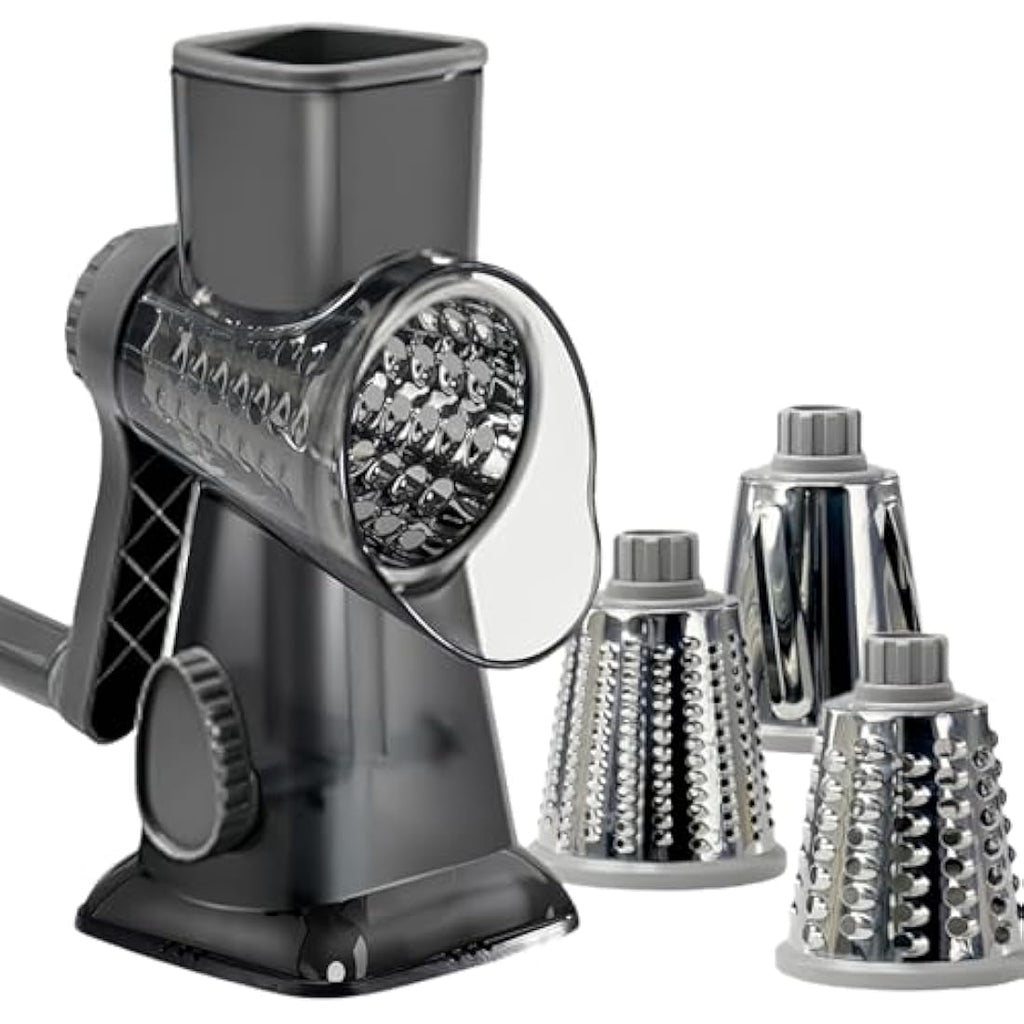 LacusMare Rotary Cheese Grater | 3-Blade Vegetable Slicer & Shredder, Gray