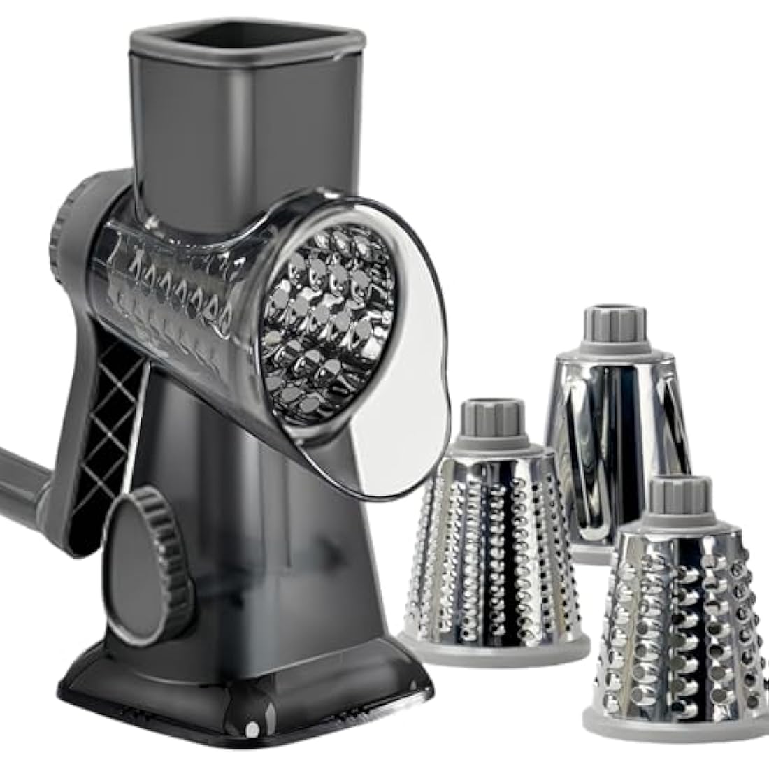 LacusMare Rotary Cheese Grater | 3-Blade Vegetable Slicer & Shredder, Gray