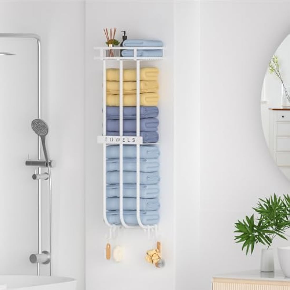 Wall Mounted Towel Rack with Shelf and 4 Hooks – White Metal
