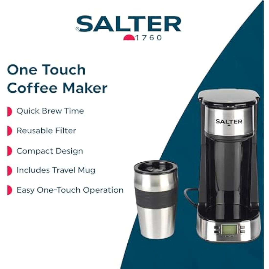Salter EK2732 Personal Coffee Maker | 420ml Travel Mug & Washable Filter