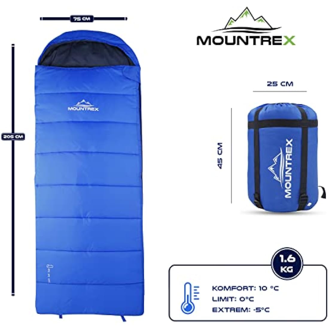MOUNTREX 3-Season Blanket Sleeping Bag – Lightweight Nylon, Blue (Right Zip)