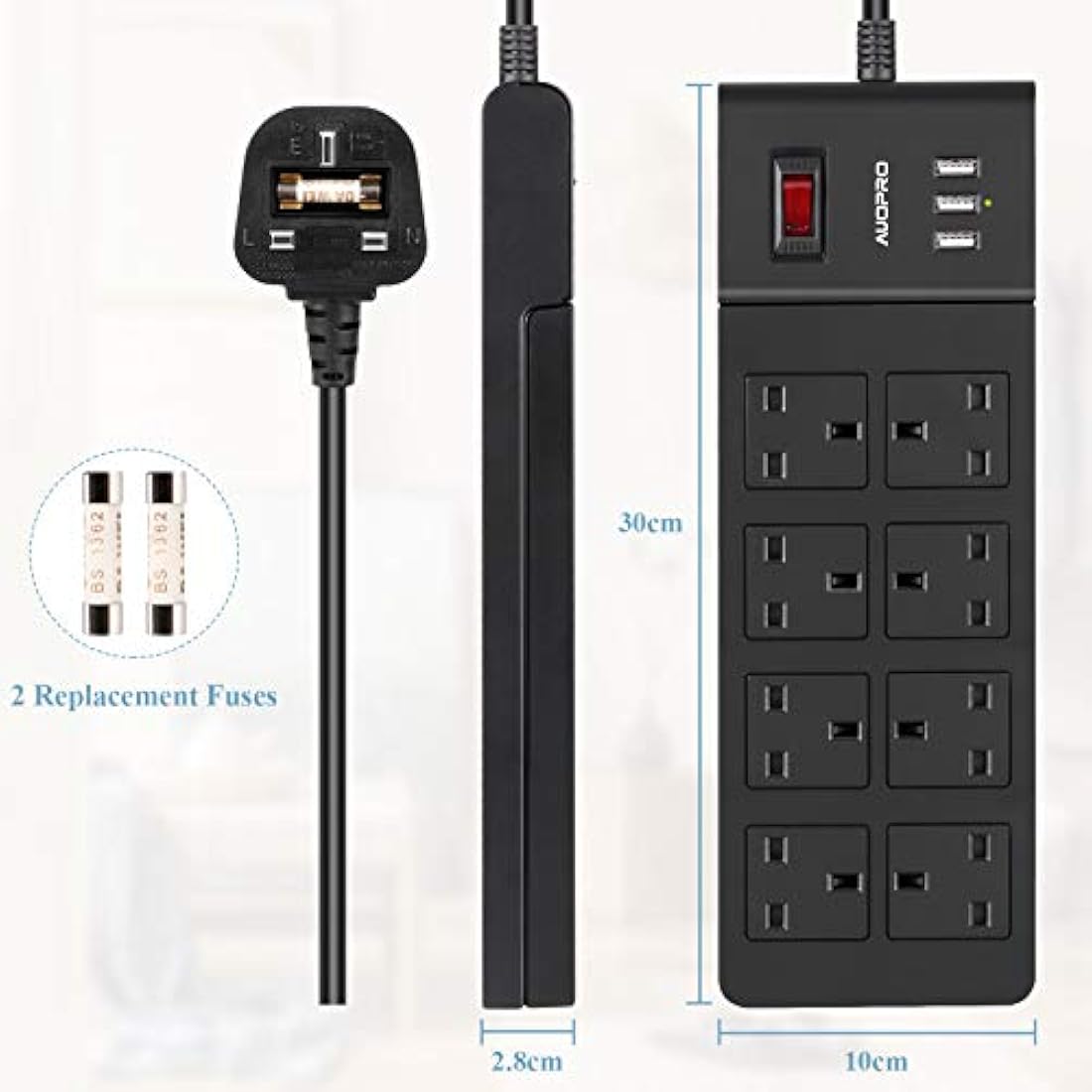 AUOPRO 8-Way Extension Lead with 3 USB Ports | 3M Power Strip, Black