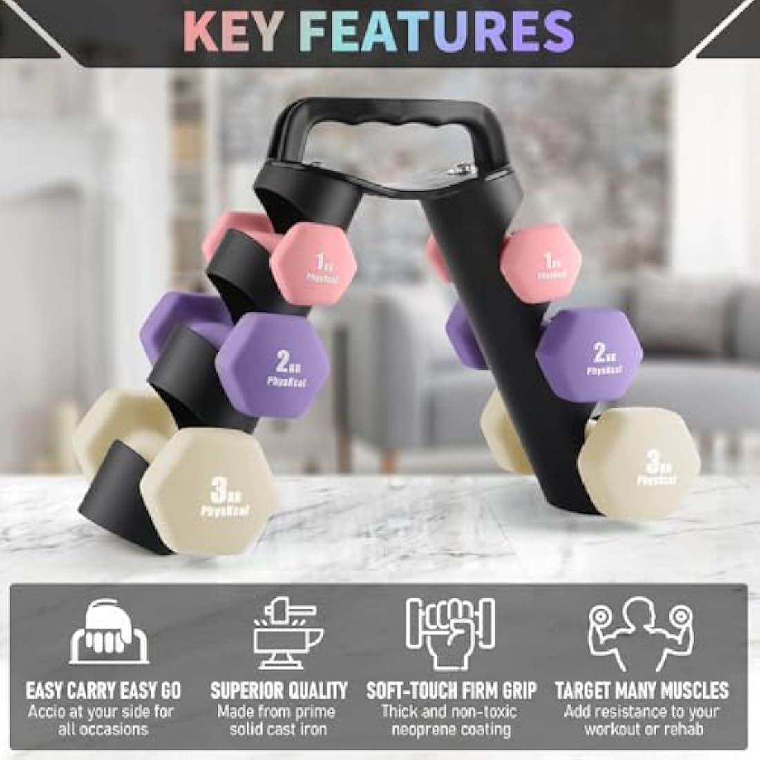 PhysKcal Neoprene Dumbbells Set with Rack | 1kg, 2kg, 3kg Hand Weights