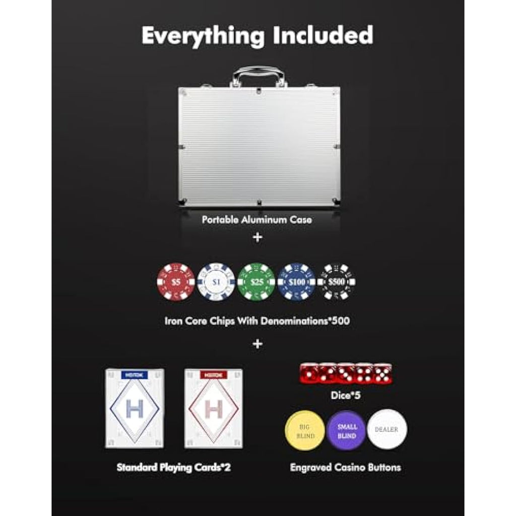 HEITOK 500pcs Poker Chips Set | Numbered Casino Set with Aluminum Case
