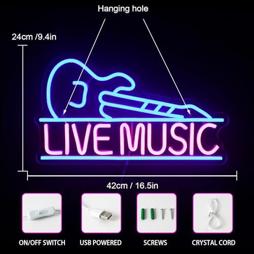 Live Music Neon Sign – Blue & Pink Guitar LED Wall Decor