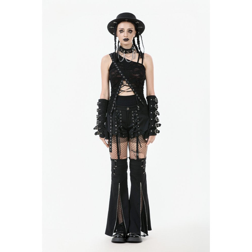 Dark in Love Morrigan One-Shoulder Lace Goth Top – Black Floral Burnout