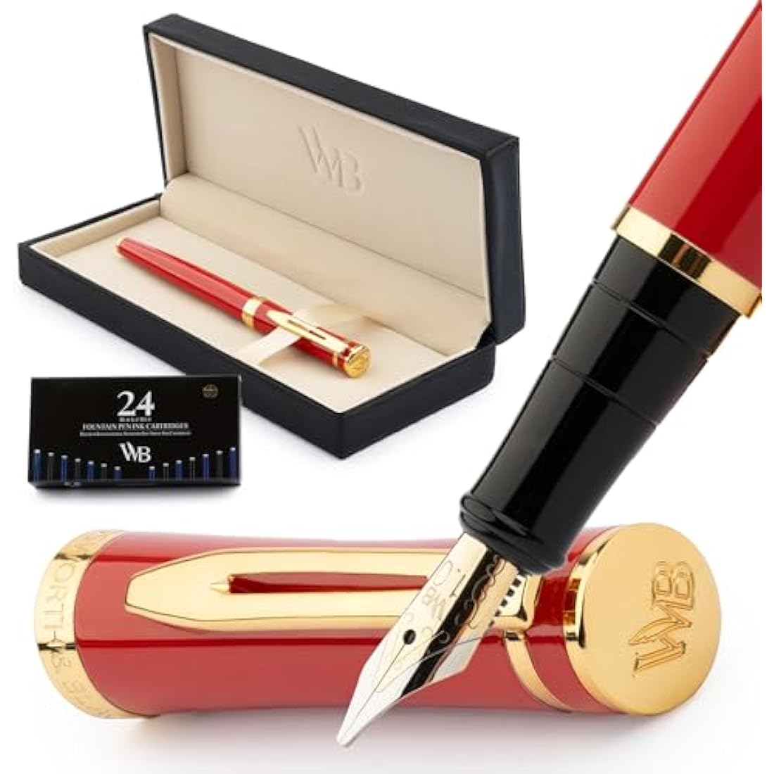 Wordsworth & Black Fountain Pen Set | 18K Gilded Broad Nib - Crimson Red