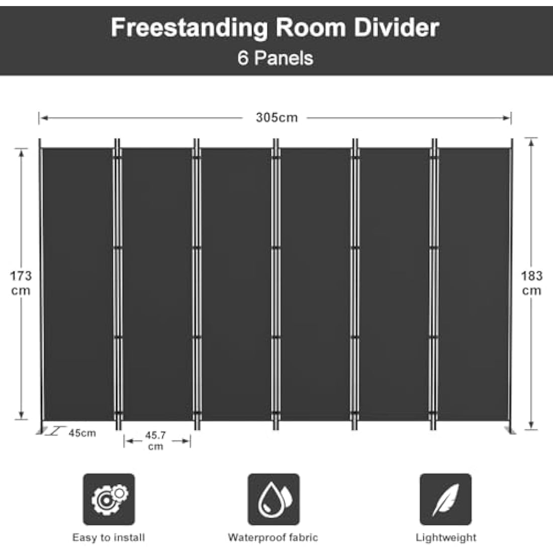 Kokorona 6 Panel Room Divider | 6ft Folding Privacy Screen – Dark Grey