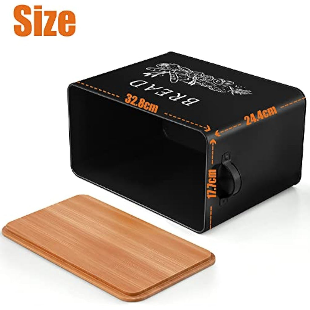 Joyfair Metal Bread Bin with Bamboo Cutting Board Lid – Large Black Box