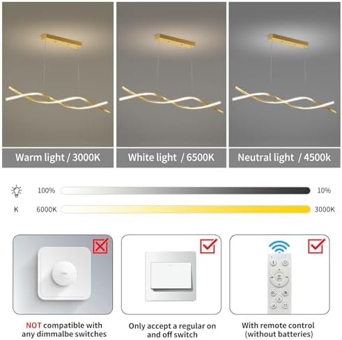 Mikeru Modern Wave LED Pendant Light – Gold Dimmable Kitchen Island Chandelier
