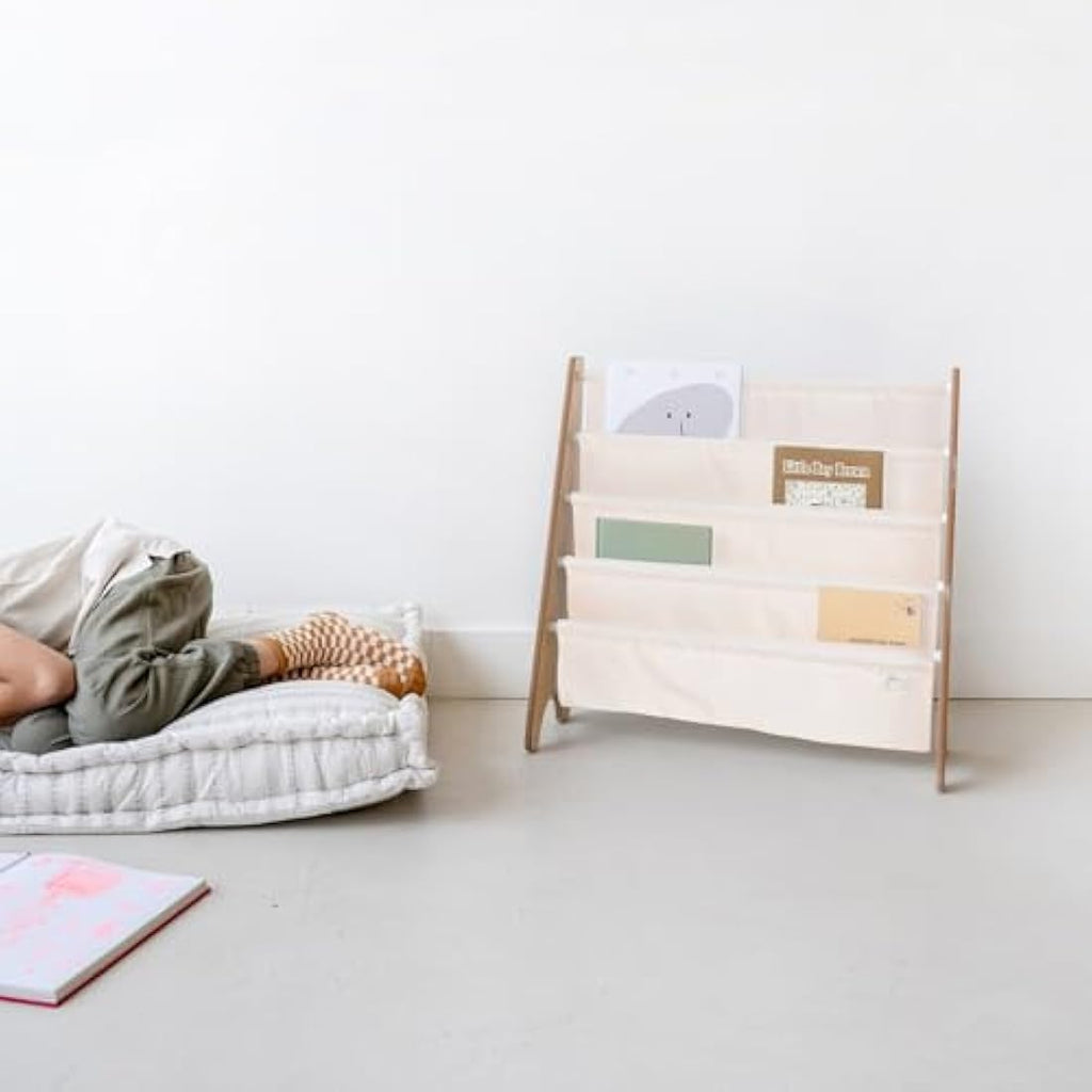 3 Sprouts Kids Bookshelf – 4-Tier Recycled Fabric Sling Book Rack, Cream