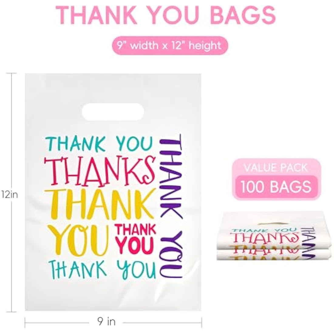 100 Pack Thank You Plastic Bags – 23x30cm Boutique Bags