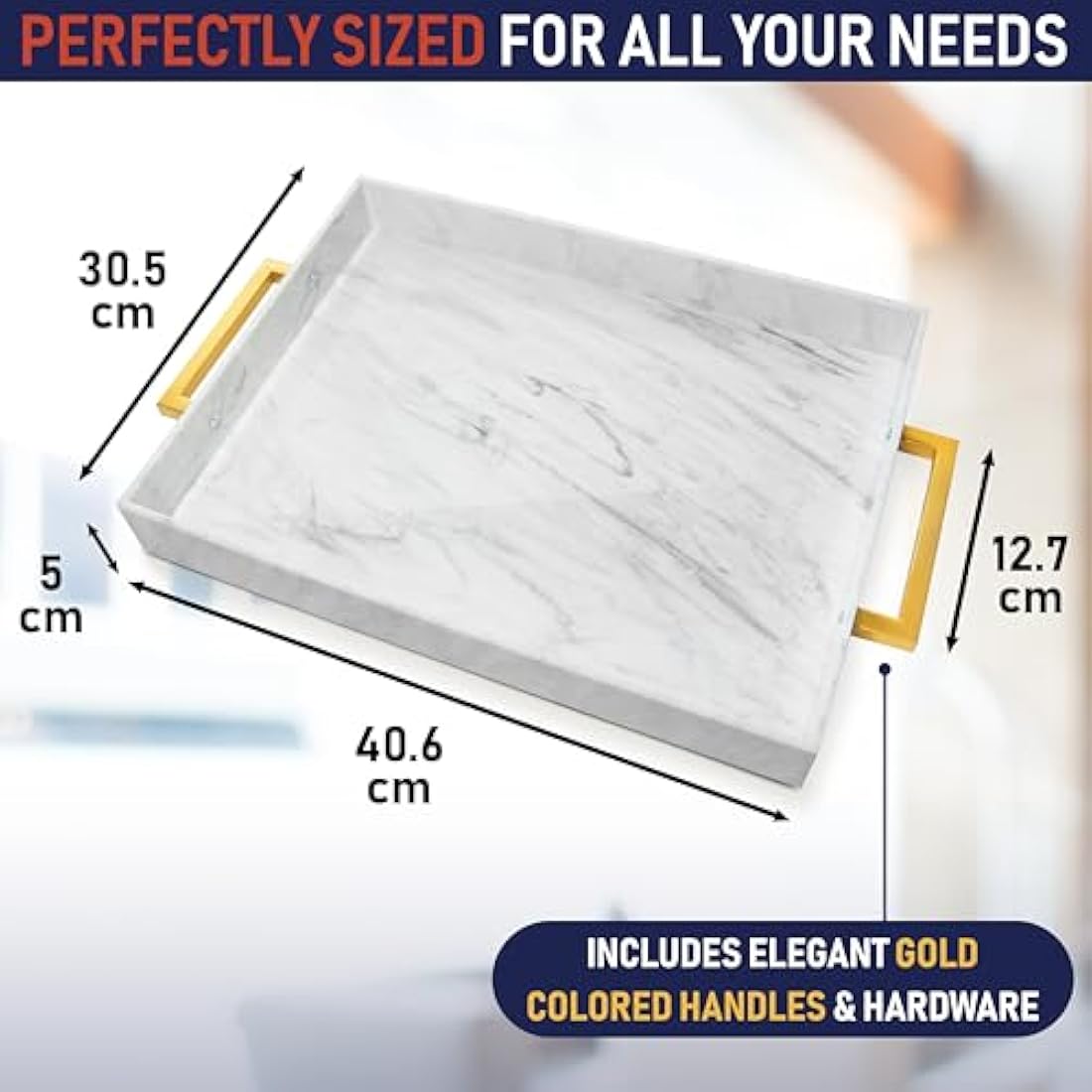 Marble Acrylic Serving Tray with Gold Handles - 16" x 12"