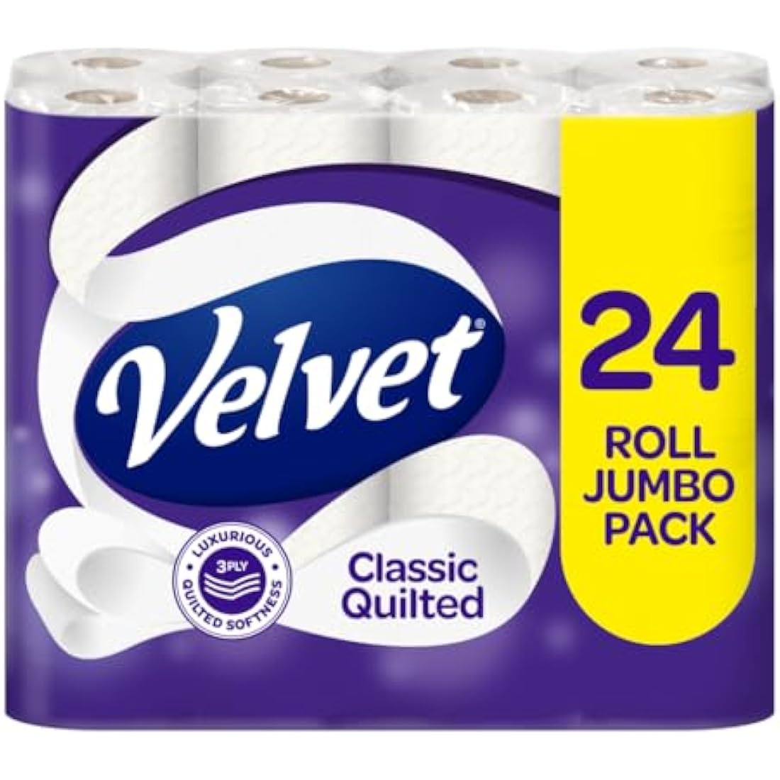 Velvet Classic Quilted Toilet Tissue – 3-Ply White Paper, 24 Rolls