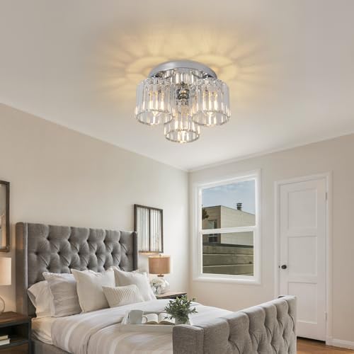 Jolof Store Modern 3-Light Crystal Chandelier – Chrome Flush Ceiling Light