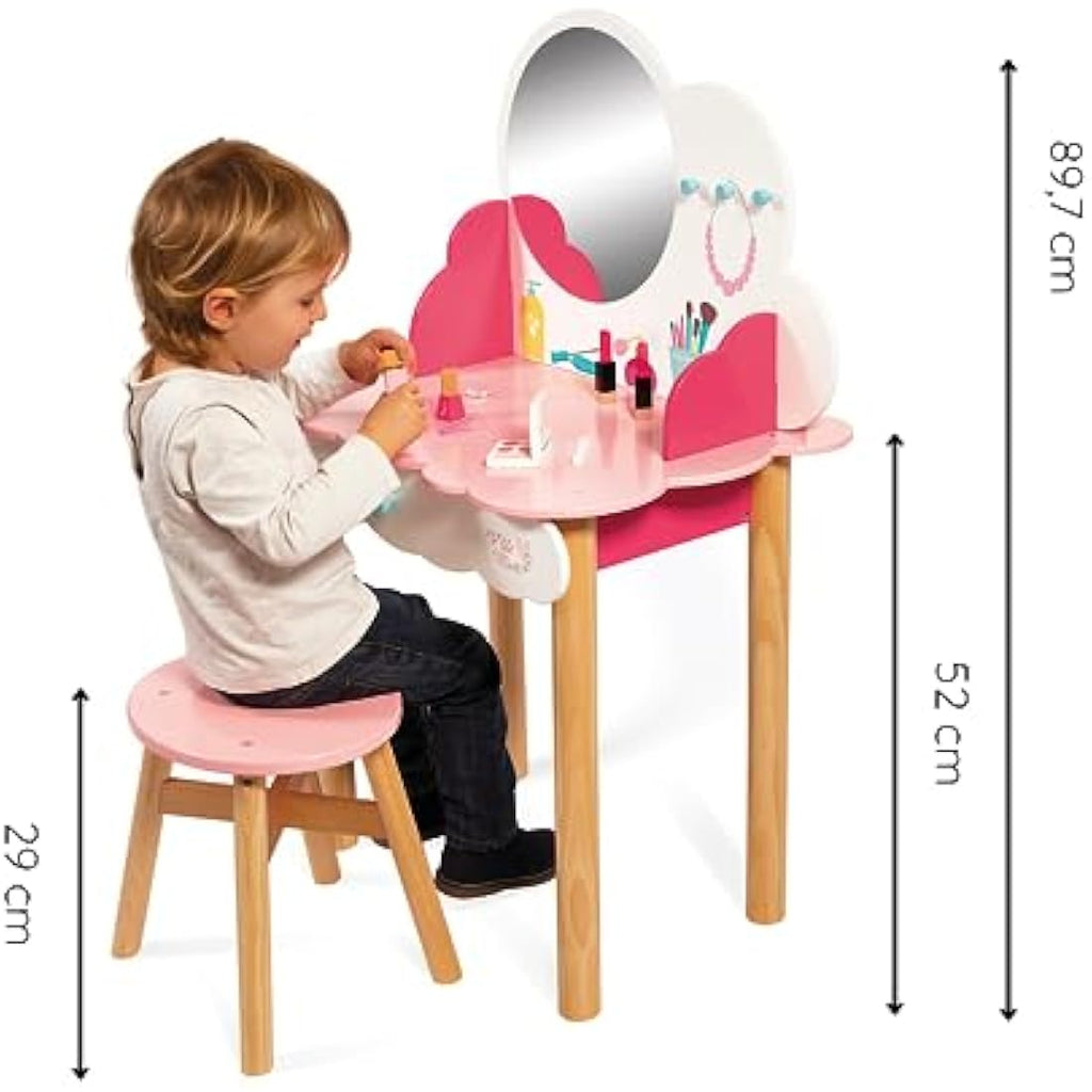 Janod P'tite Miss Wooden Dressing Table - Kids Vanity with 10 Accessories