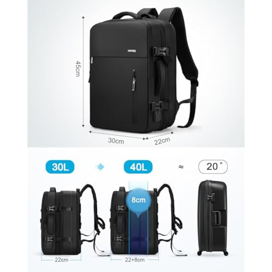 HOMIEE Expandable Travel Backpack | 40L Flight Approved Cabin Bag Black