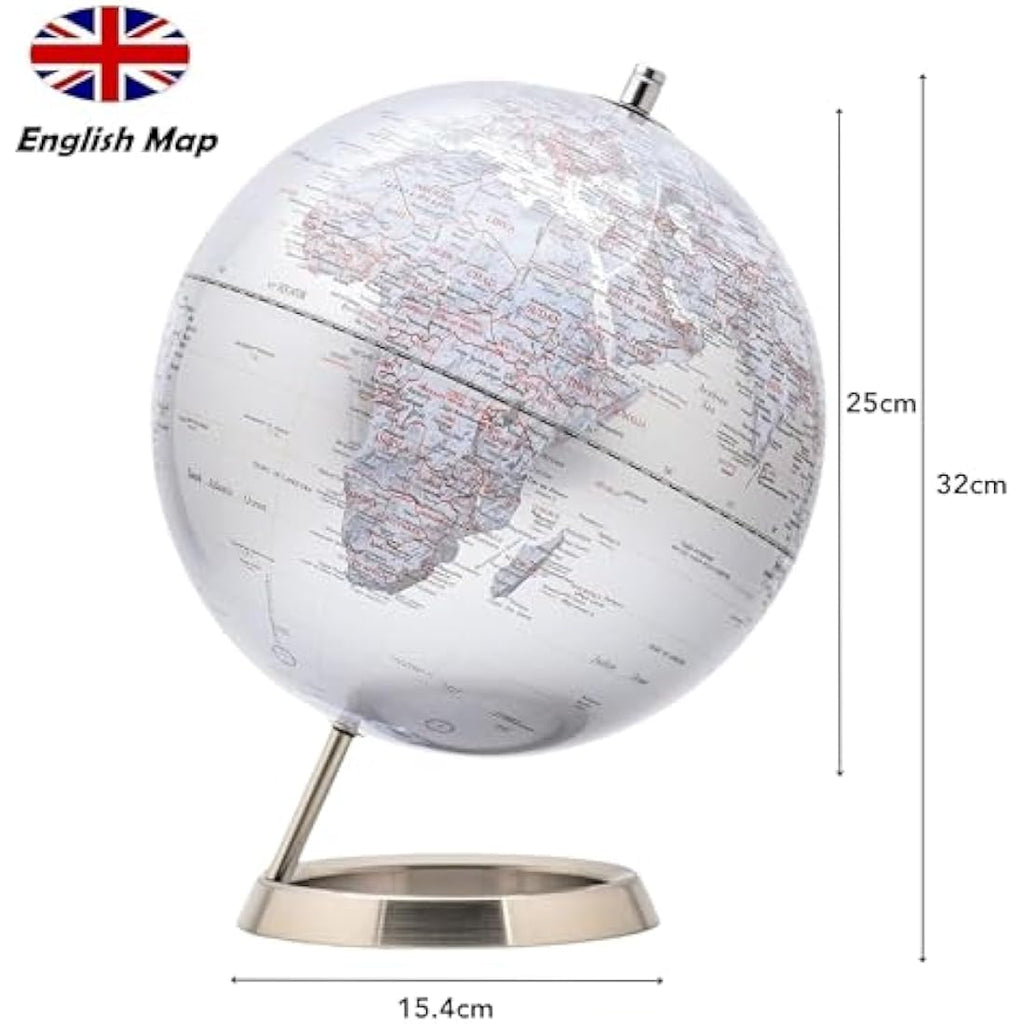Exerz 25cm World Globe – Metallic Silver Desk Decor with Steel Stand
