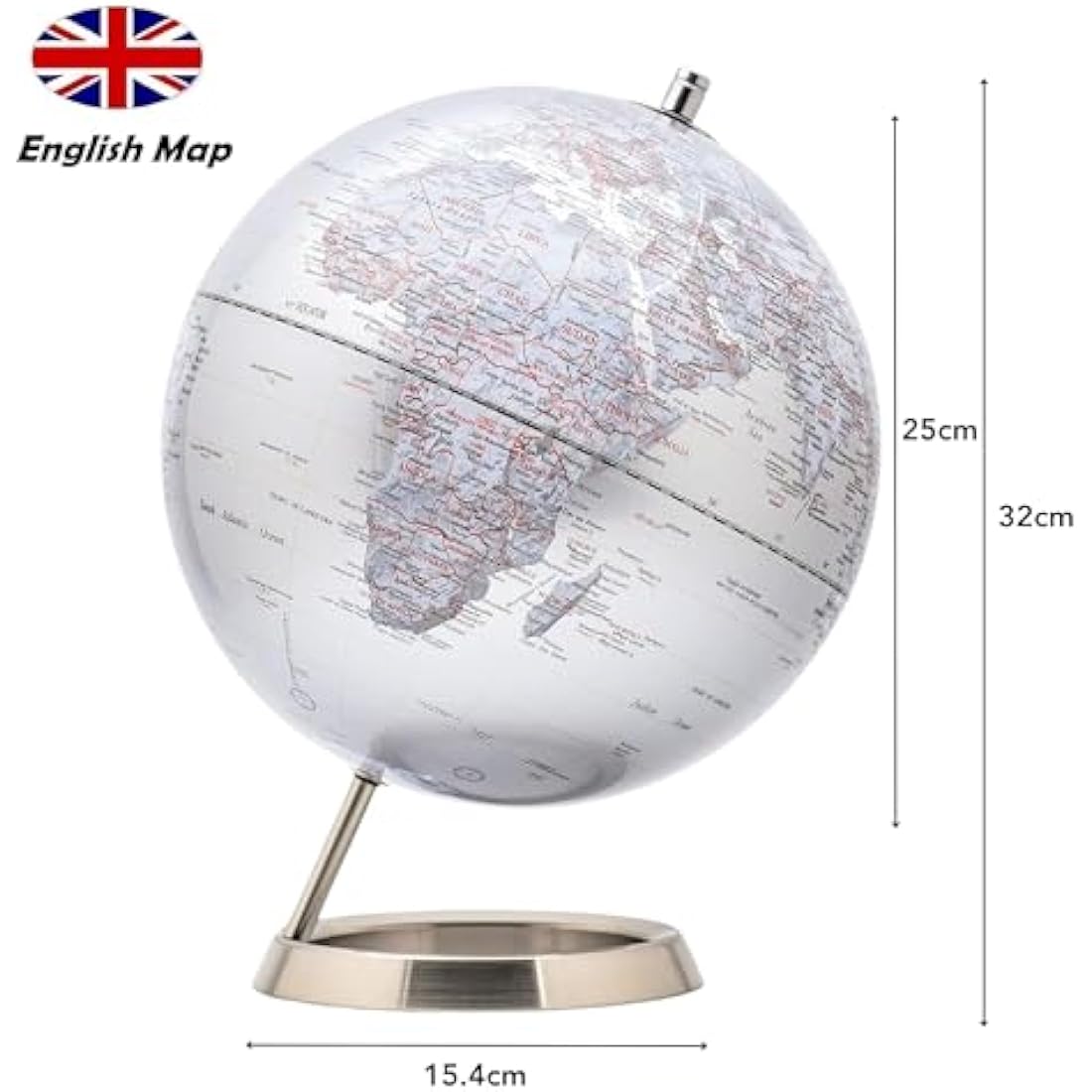 Exerz 25cm World Globe – Metallic Silver Desk Decor with Steel Stand