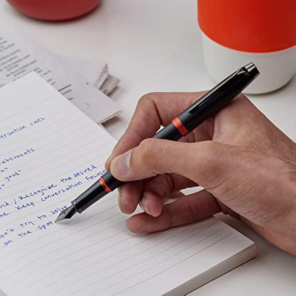 Parker IM Vibrant Rings Fountain Pen – Satin Black with Flame Orange
