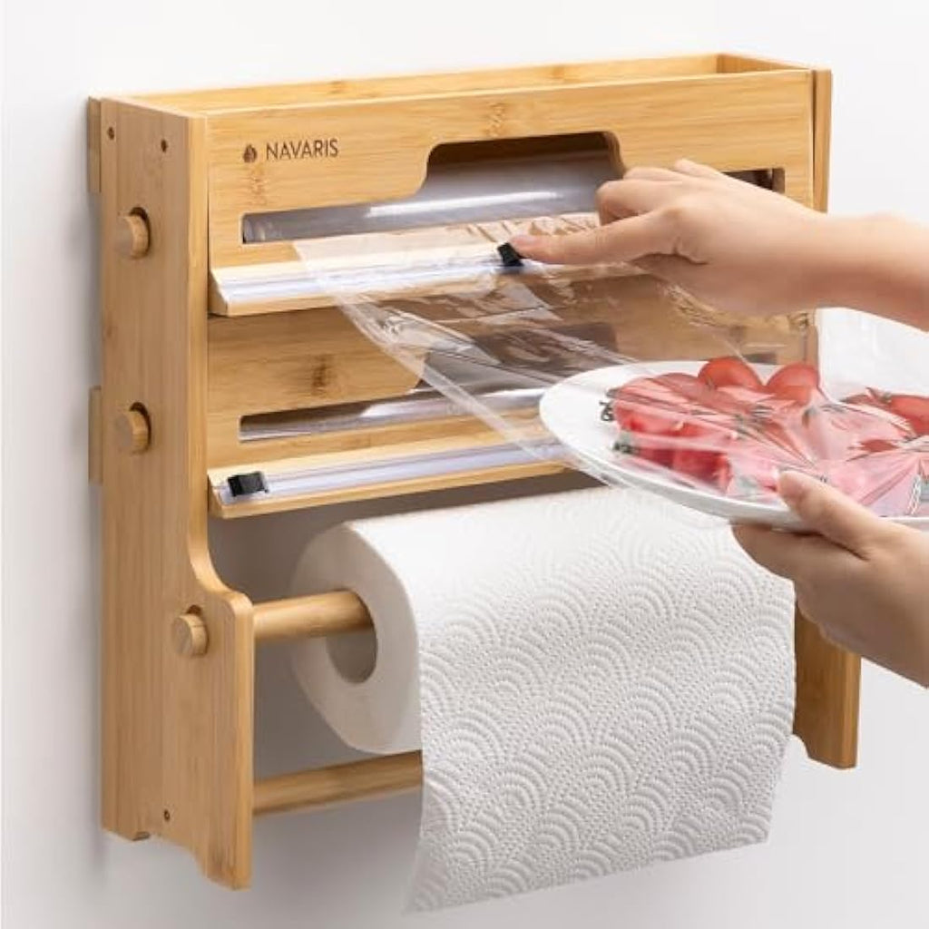 Navaris 3-in-1 Bamboo Cling Film Dispenser & Foil Organiser with Cutter