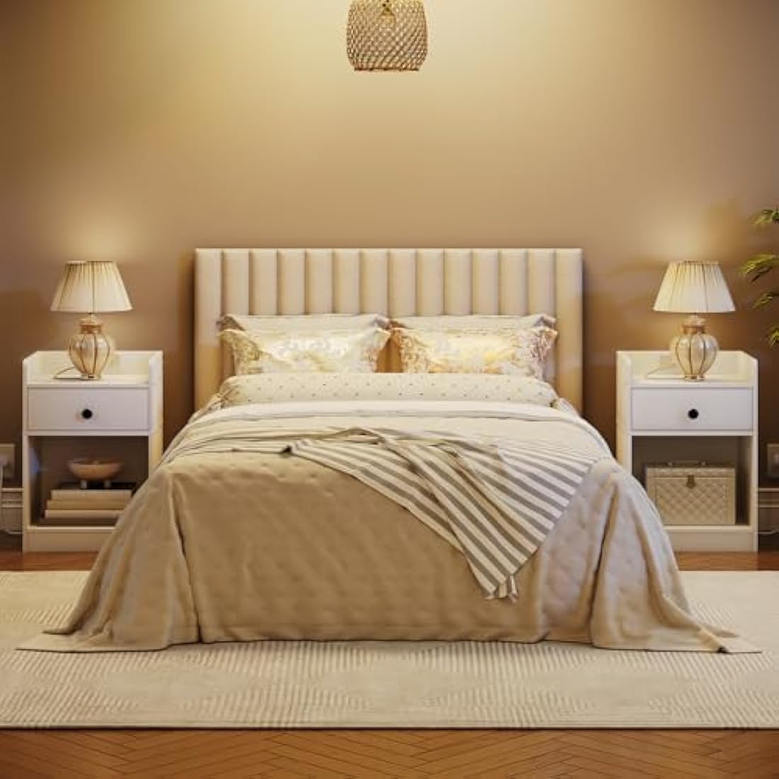 HOOBRO White Bedside Table with Charging Station and Drawer