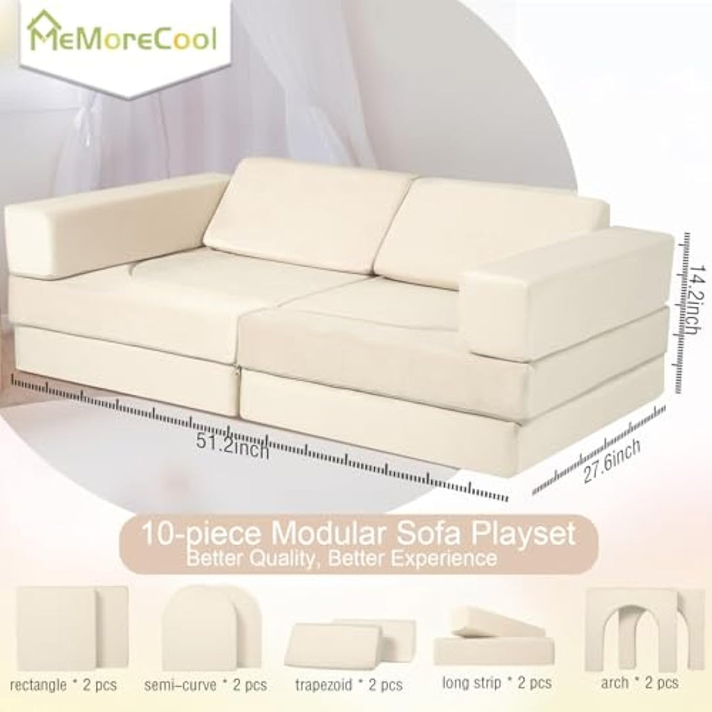 MeMoreCool 10-Piece Kids Play Couch – Modular Foam Toddler Sofa, Beige