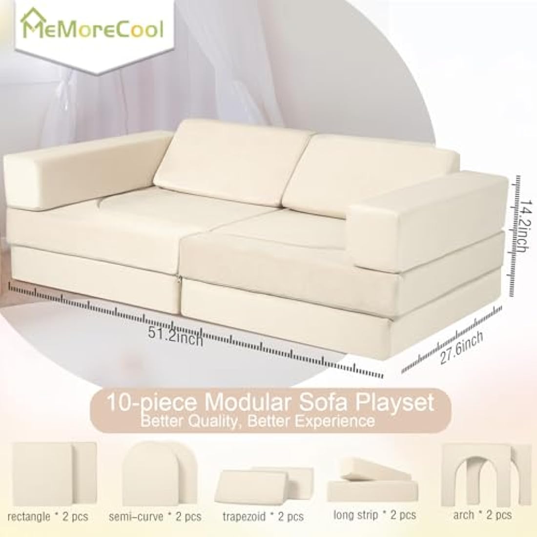 MeMoreCool 10-Piece Kids Play Couch – Modular Foam Toddler Sofa, Beige